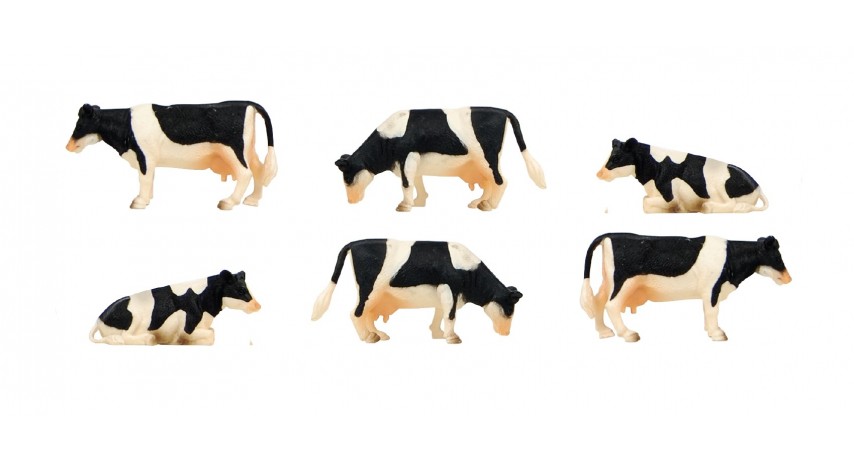 Kids Globe 1:32 Scale Black & White Cows Laying and Standing 6 pieces KG570009