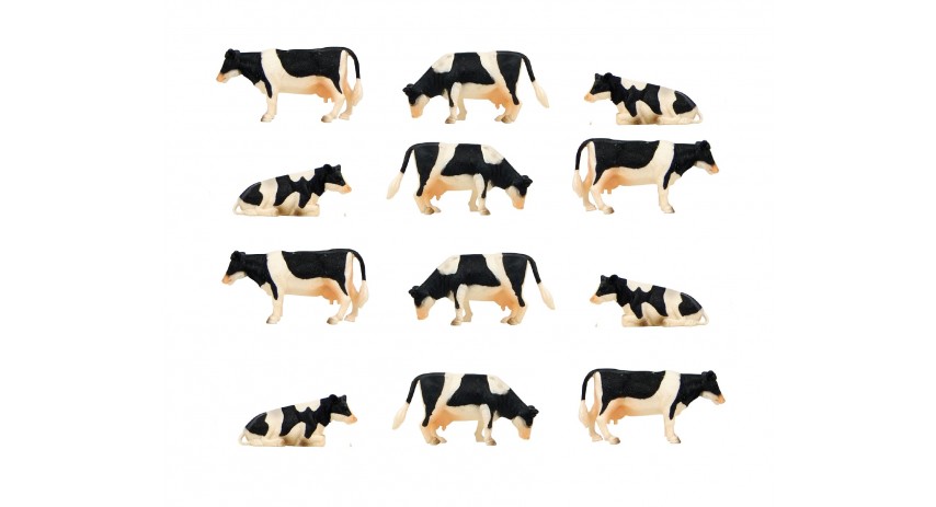 Kids Globe 1:32 Scale Black & White Cows Laying and Standing 12 pieces KG571929