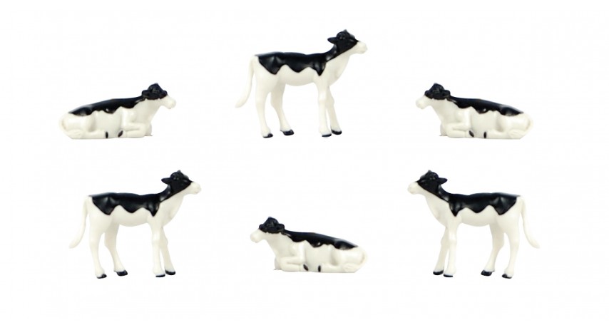 Kids Globe 1:32 Scale Black & White Calves Laying and Standing 6 pieces KG571974