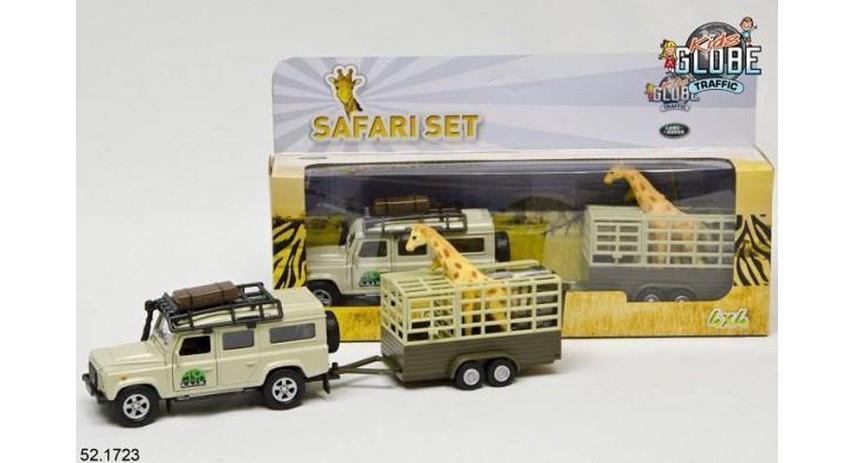 Land Rover Defender with giraffe trailer and a giraffe 