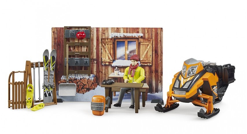 bworld mountain hut with snowmobil and figure