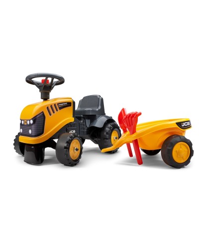 Falk Baby JCB ride-on tractor with trailer, rake & shovel
