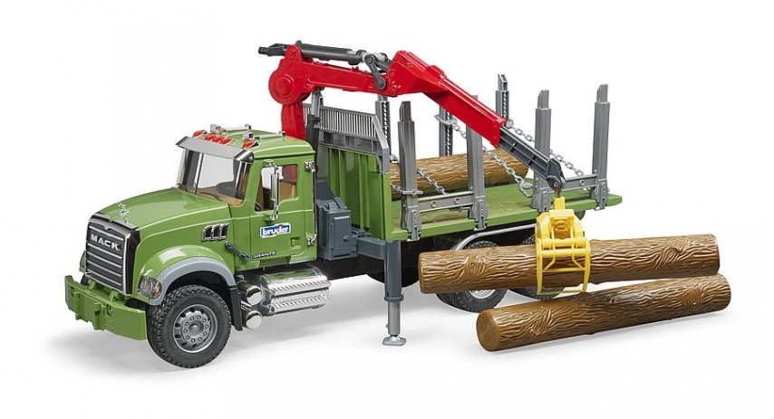 Bruder Toys 02824 MACK Granite Timber truck with loading crane - grab and 3 trunks Scale 1:16