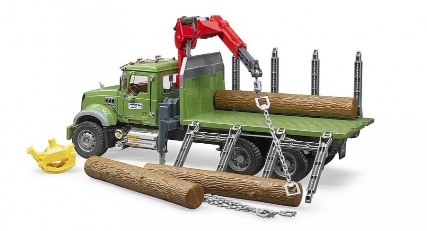 Bruder Toys 02824 MACK Granite Timber truck with loading crane - grab and 3 trunks Scale 1:16