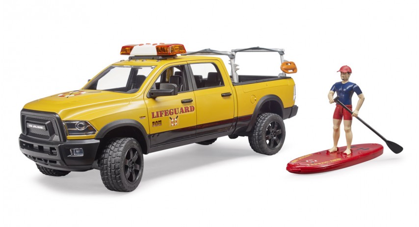 Bruder Toys 02506 RAM 2500 Power Wagon Life Guard with figure - Stand Up Paddle and Light & Sound Module Scale 1:16