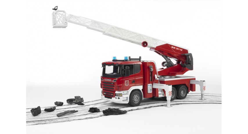 Bruder Toys 03590 Scania R-Series Fire engine with slewing ladder - waterpump + Light & Sound Module Scale 1:16