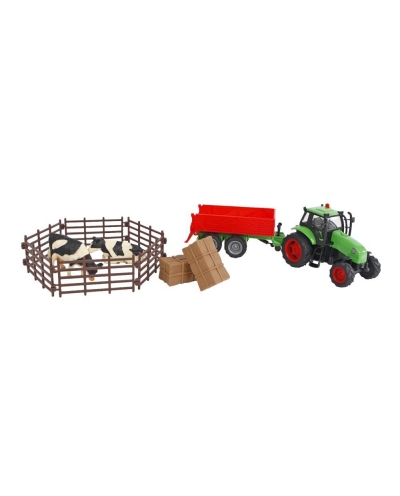 Kids Globe 1:32 Scale Green Diecast Tractor Toy with Red Trailer and Accessories KG510727