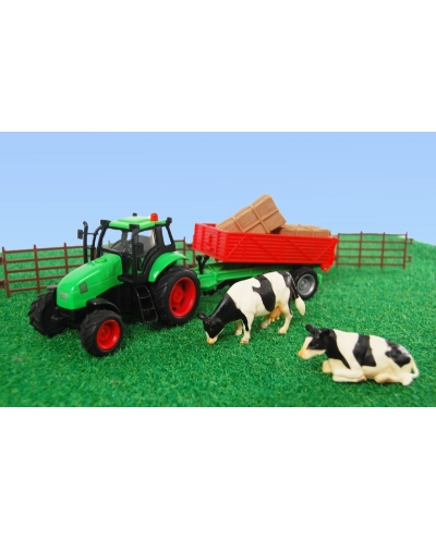 Kids Globe 1:32 Scale Green Diecast Tractor Toy with Red Trailer and Accessories KG510727