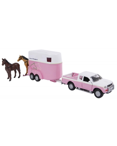 Kids Globe 1:32 Scale Pink Diecast Mitsubishi L 200 Pickup with Horse Trailer With 2 Horses KG520124