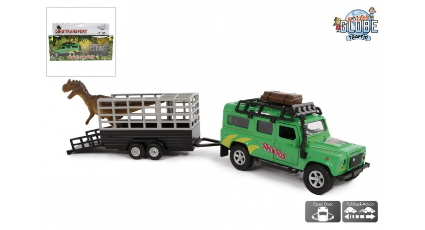 Kids Globe 1:32 Scale Diecast Land Rover Defender with Trailer and One Dinosaur KG520178