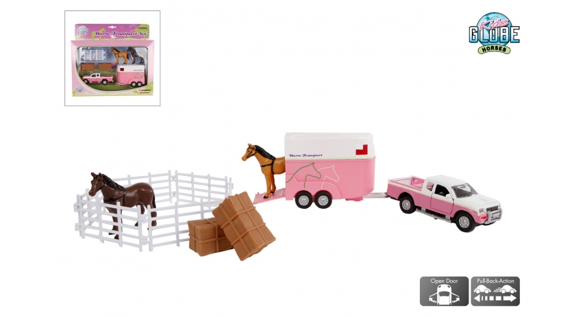 Kids Globe 1:32 Scale Pink Diecast Mitsubishi L 200 Pickup with Horse Trailer, 2 Horses and Accessories KG520205