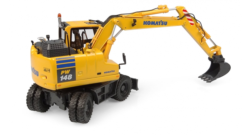 Universal Hobbies 1/50 Scale Komatsu PW148-11 Hydraulic Wheeled Excavator w/Standard & Clamshell Bucket Diecast Replica UH8162