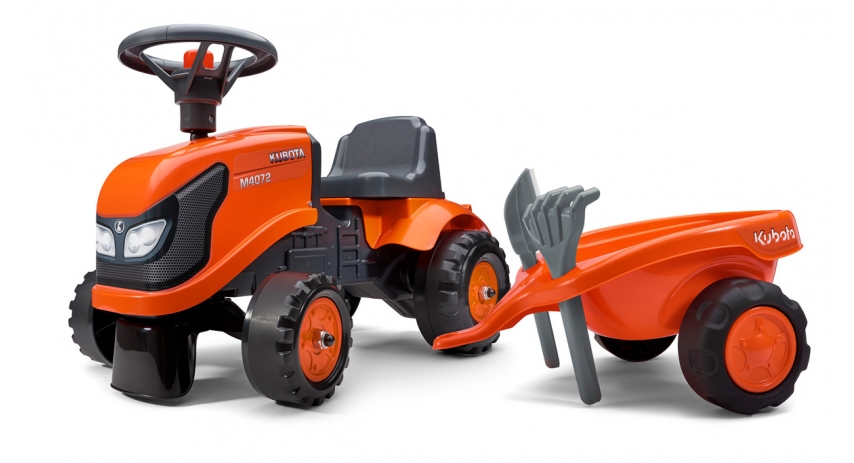 Kubota Tractor, Push Ride-on Toy, with Trailer, Rake and Shovel, Horn and Stickers, For Toddlers Ages 1+ FA260C