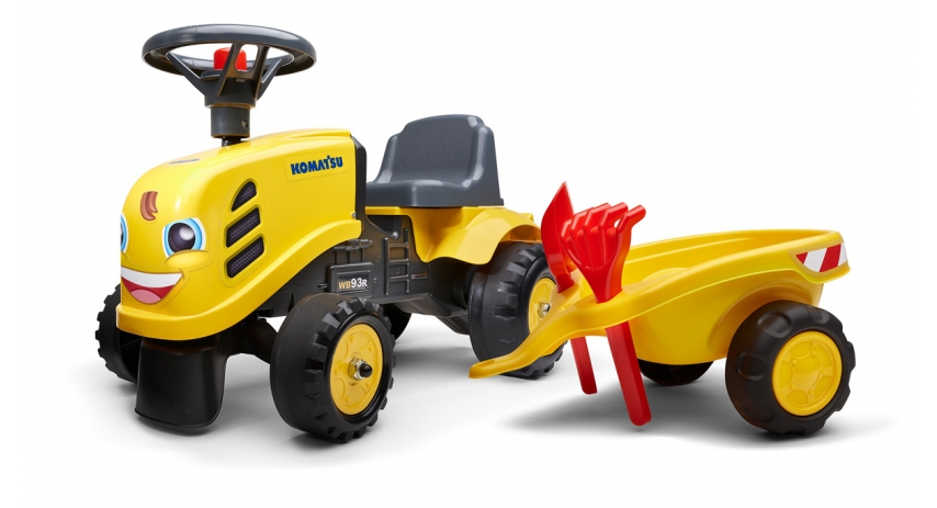 Komatsu Tractor Push Ride-on Toy with Trailer, Rake and Shovel, Horn & Stickers for Toddlers ages 1+FA286C