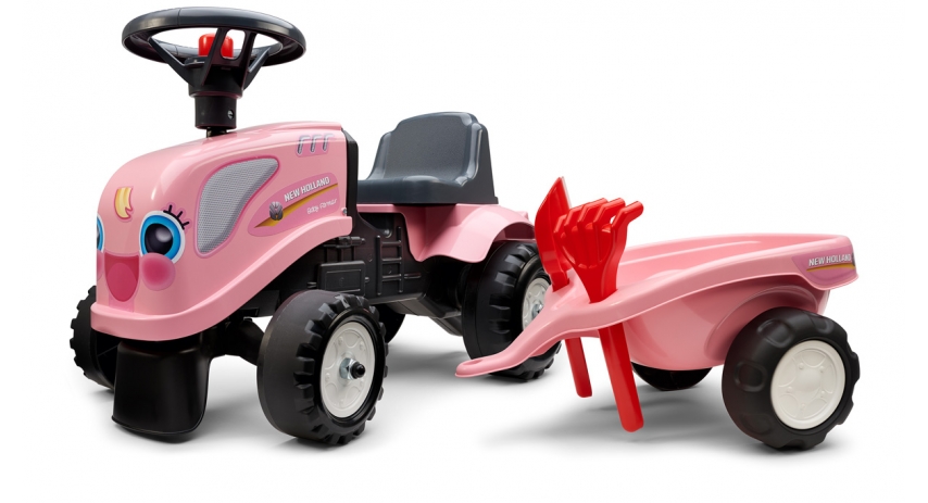 Pink New Holland Tractor with Trailer, Rake and Shovel, 2 sets of stickers, Push Ride-on Toy for Toddlers Ages 1+ FA288C
