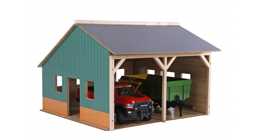 Kids Globe 1:16 scale Wooden Farm Shed Toy For 2 Tractors with Hayloft KG610338