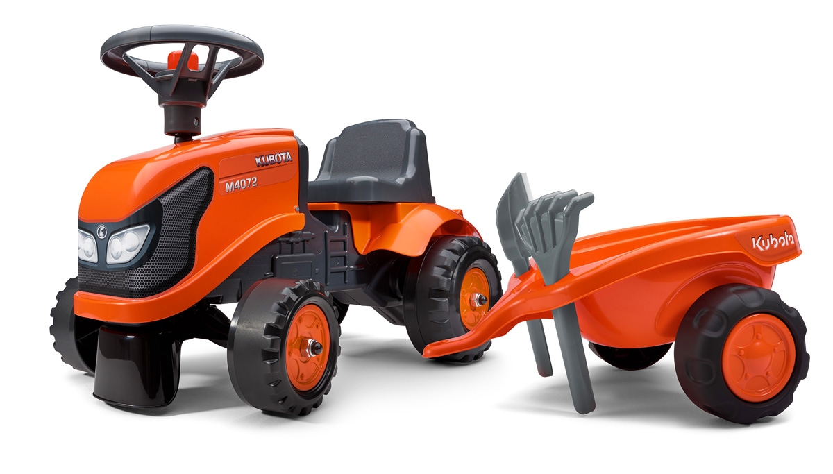 Kubota Tractor, Push Ride-on Toy, with Trailer, Rake and Shovel, Horn and Stickers, For Toddlers Ages 1+ FA260C