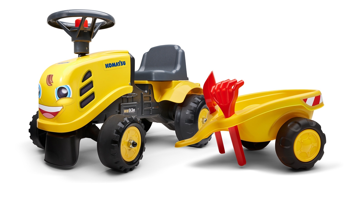 Komatsu Tractor Push Ride-on Toy with Trailer, Rake and Shovel, Horn & Stickers for Toddlers ages 1+FA286C