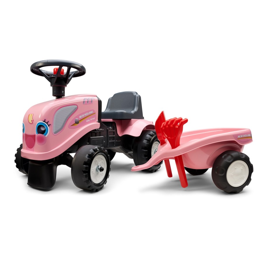 Pink New Holland Tractor with Trailer, Rake and Shovel, 2 sets of stickers, Push Ride-on Toy for Toddlers Ages 1+ FA288C