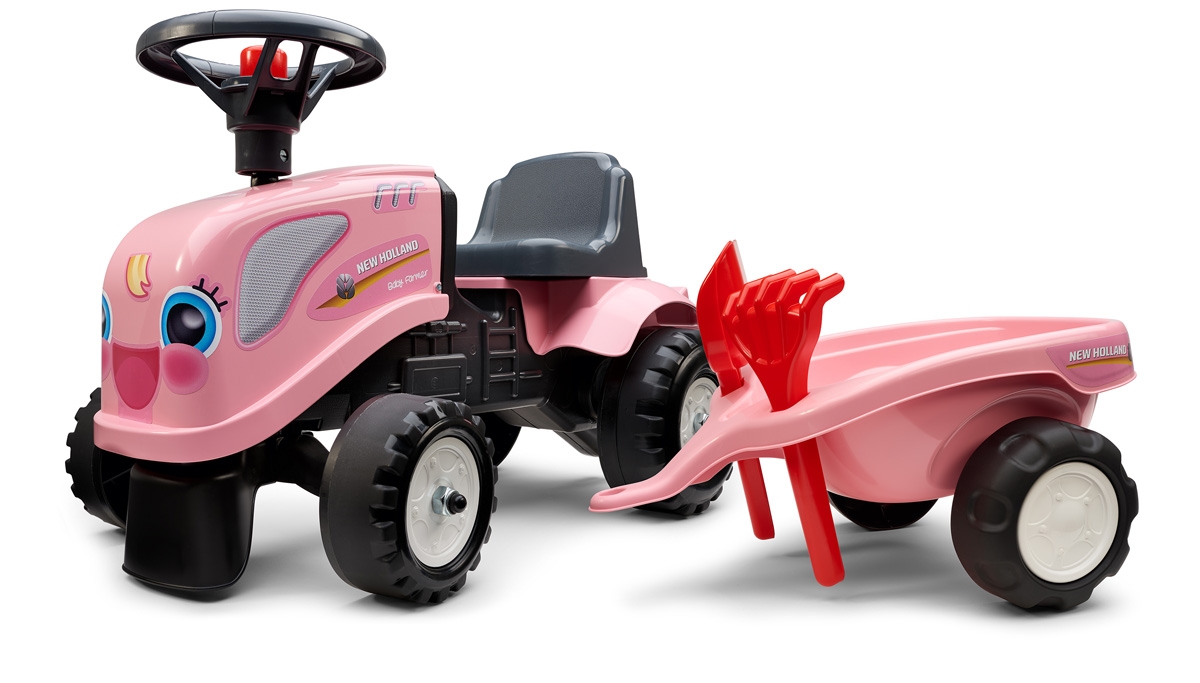 Pink New Holland Tractor with Trailer, Rake and Shovel, 2 sets of stickers, Push Ride-on Toy for Toddlers Ages 1+ FA288C