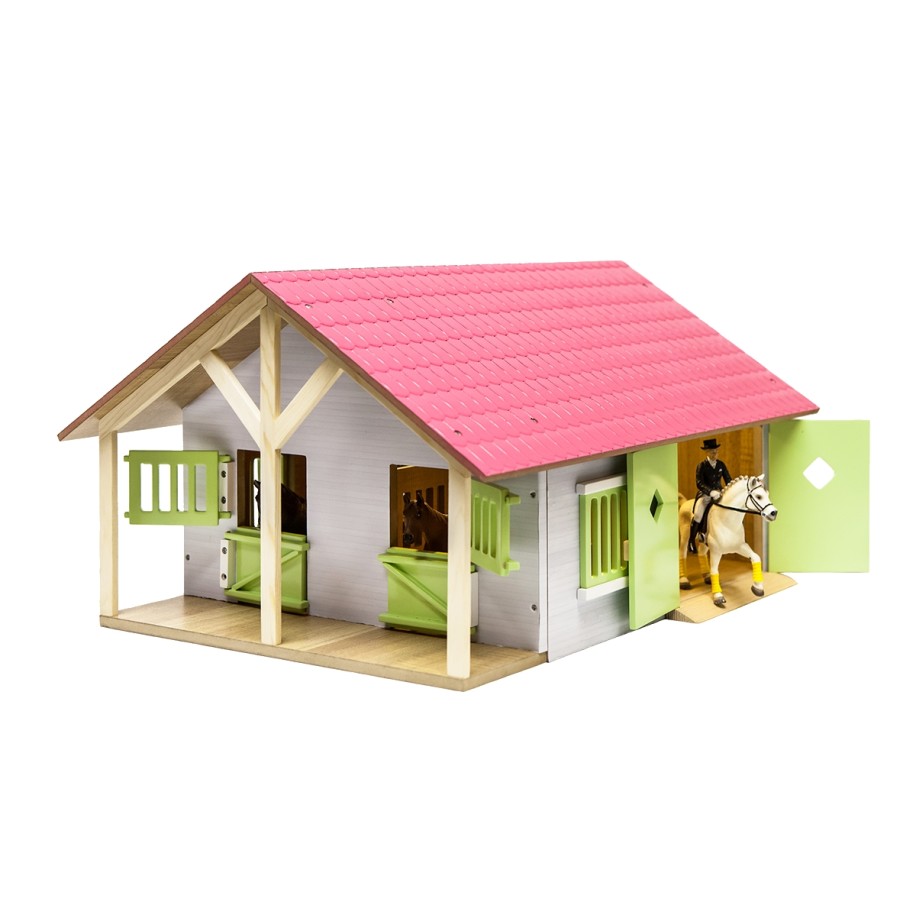 Kids Globe 1:24 Scale Wooden Horse stable Toy With 2 Stalls, Pink Equestrian barn KG610168